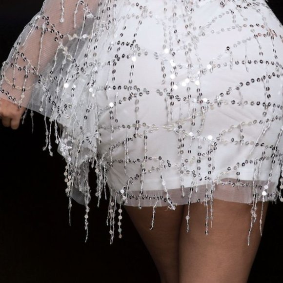 Sequin Spliced Mesh Adjustable Strap Dress